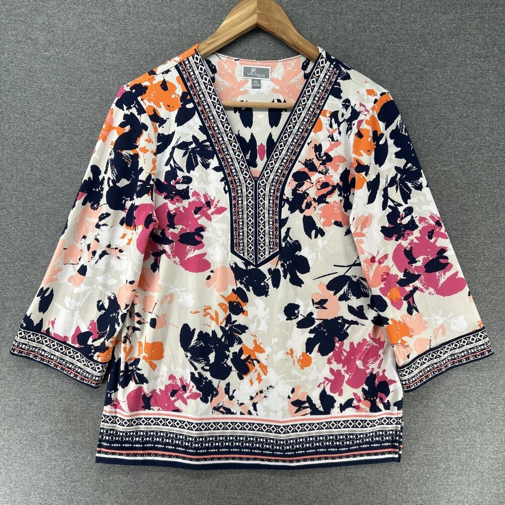 JM Collection V Neck Blouse Womens Petite Large Colorful Floral Embellished Top